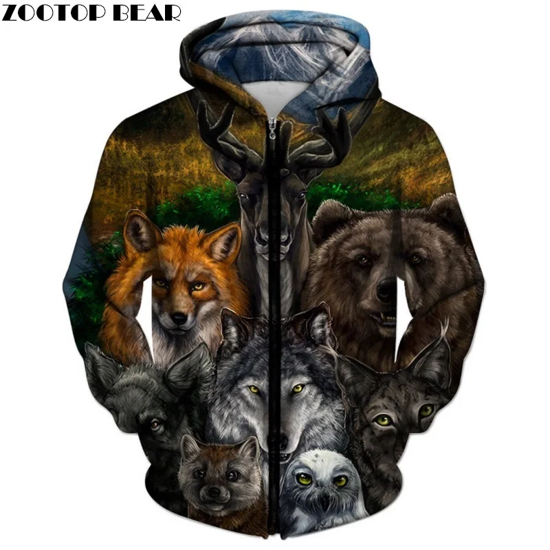 Animal Printed Zipper Hoodies Brand 3d Hoodies Men Unisex Sweatshirts
