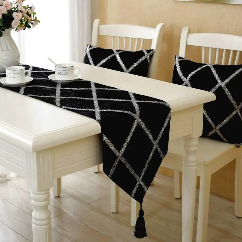 

European fashion velvet table flag Shining Diamond lattice decor table runner black with shining lattice table art cloth