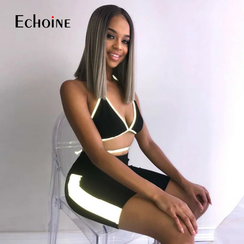 

Backless Skinny Reflective neon two piece Beach Club Vacation NEW 2 PCs Set Lace Up Bra Vest Fitness Biker Shorts Women Suit Set