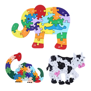 

Wooden 3D Jigsaw Educational Toys Animals Elephant Cow Dinosaur Puzzle Wood Toys Kids Numbers Alphabetic Letters Learning Toys