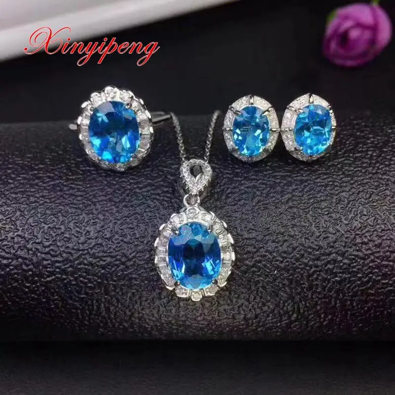 

Xin yi peng 925 silver inlaid natural blue topaz stone Necklace pendant earrings ring jewelry set women elegant and generous