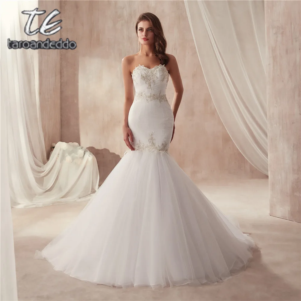 Vestido de festa de casamento Strapless Ruches Tulle Slim Sexy Mermaid Trouwjurk met Zilveren Kant Applique Bruidsjurken Vestido de festa de casamento Strapless Ruches Tulle Slim Sexy Mermaid Trouwjurk met Zilveren Kant Applique Bruidsjurken