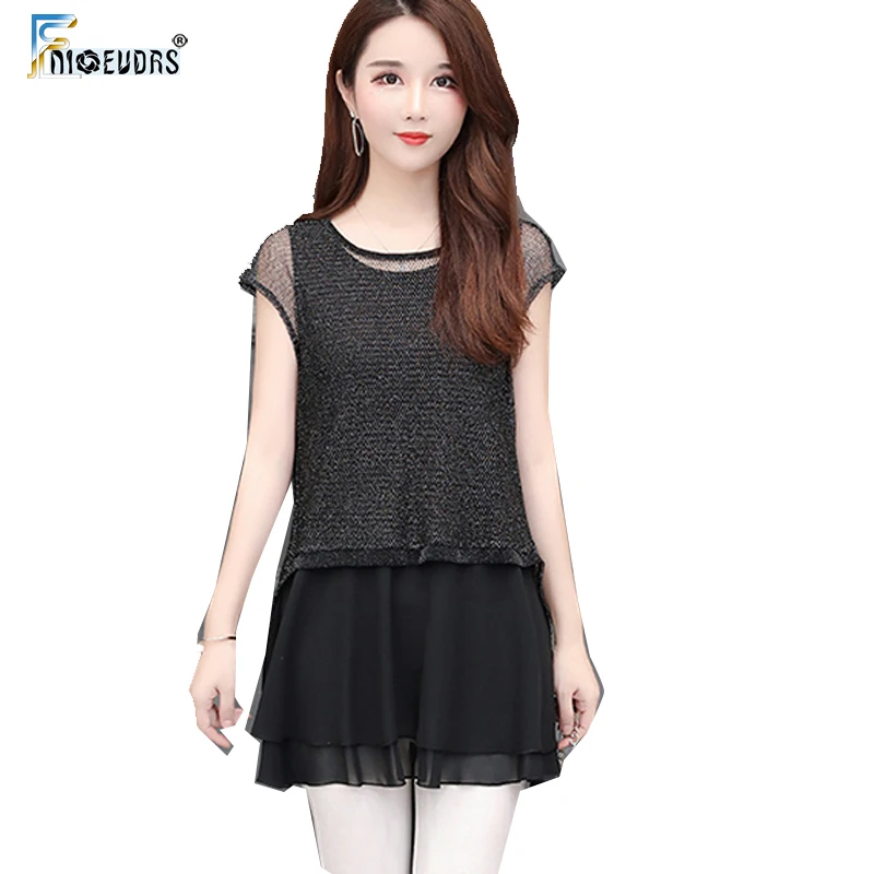 

5XL 4XL 3XL Long Tops Women Casual Patchwork Sheer Mesh transparent Faux Two Piece Tunic Belly Top Summer Blouse Shirt