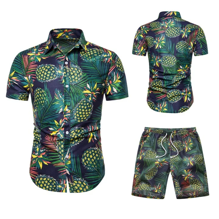 Летние модные Гавайские рубашки с цветочным принтом для мужчин+ шорты, комплект для мужчин, рубашки с коротким рукавом, повседневные мужские комплекты одежды, спортивный костюм, большие размеры - Цвет: T103
