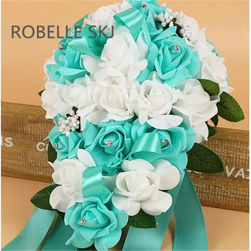 

PE Foam Flower Artificial Bridal Bouquets Crystal Bridesmaid Bridal Wedding Bouquets Water Drop Shaped Turquoise Royal Blue