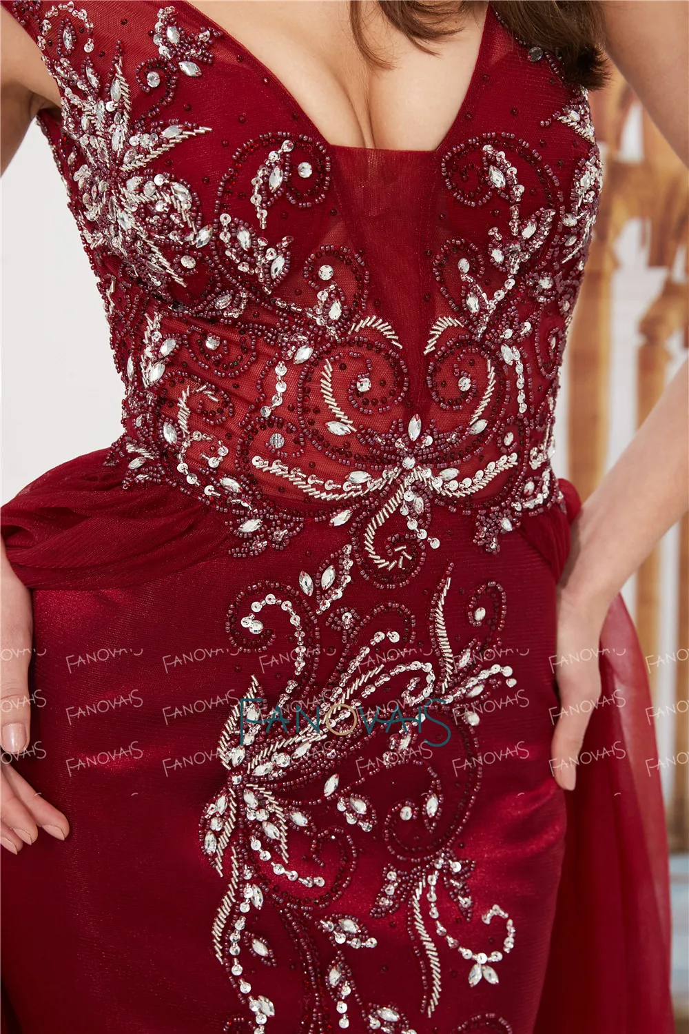 2 цвета бордовые вечерние платья длинное роскошное платье для выпускного вечера Тюль v-образный вырез Вечернее бальное платье в виде русалки бисером кристалл халат de Soiree NS2