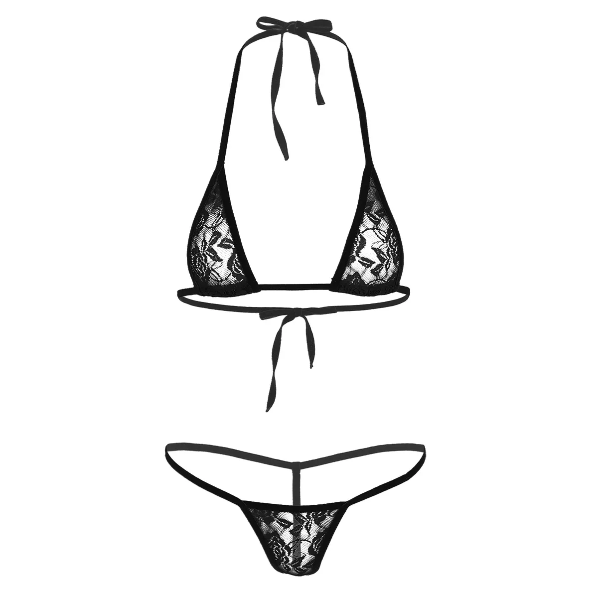 thumbnail image 1 of Conjunto de lencería transparente de encaje para mujer, minimicrobikini transparente con cuello Halter, Top con sujetador y Tanga en la espalda, ropa interior, 1 of 5