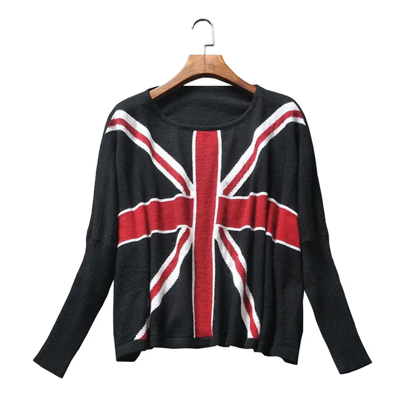 Fashion Black Women UK British Flag Pattern knitted Loose batwing