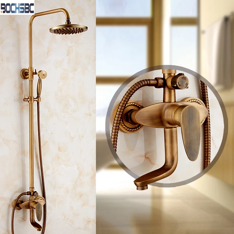 BOCHSBC Copper Rainfall Shower Set With 3 Gears Antique European Shower
