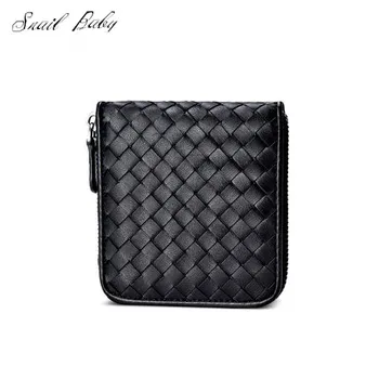 

new woven genuine leather wallet mini bag men short wallet female sheepskin woven zipper wallet