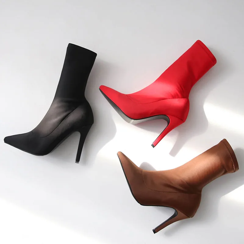 Stretch socks Female boots Knitted socks Skinny boots Fine heel Mid boots Booties Women's pointed autumn and winter bare boots