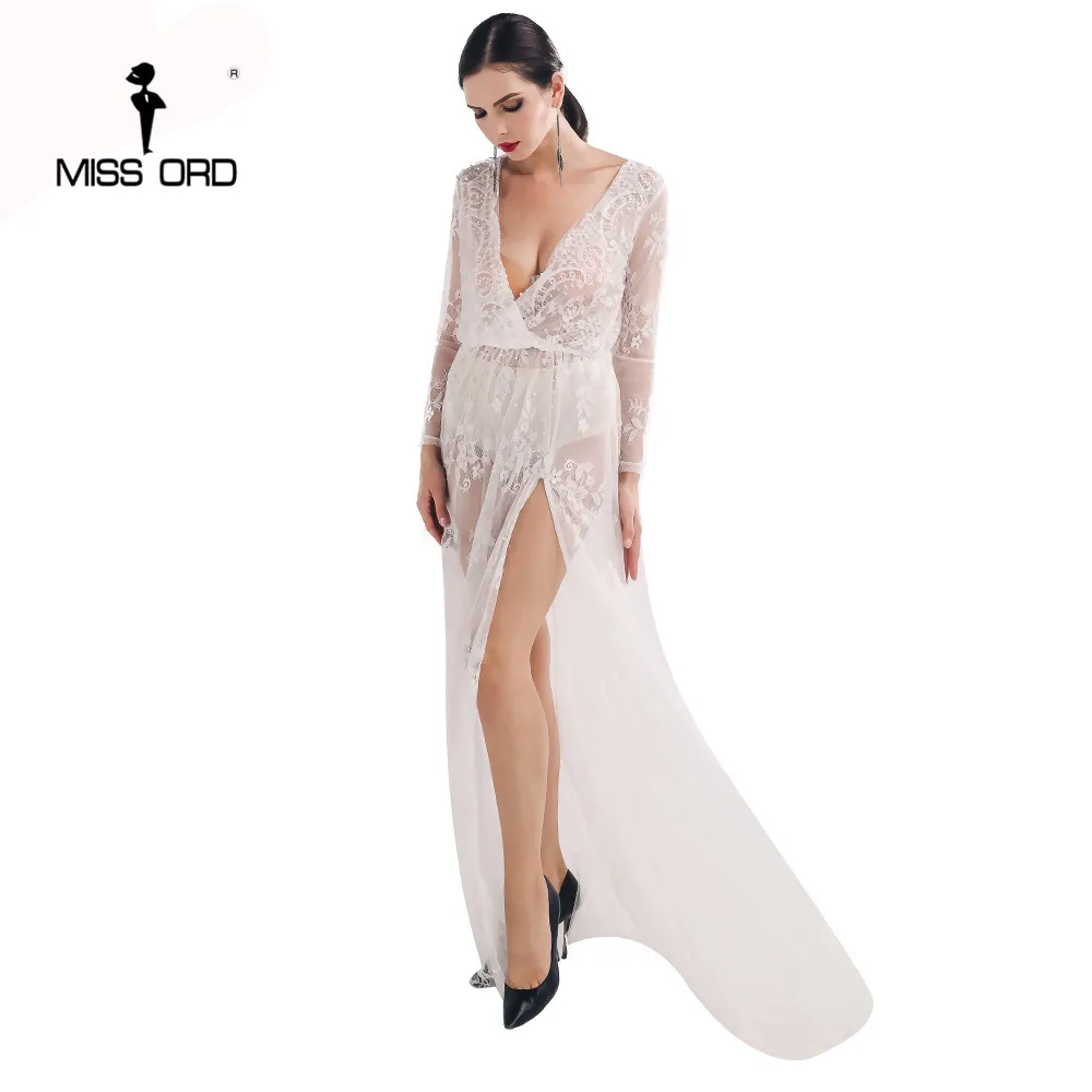 

Missord 2019 Sexy V-neck long sleeve lace split maxi dress FT4737