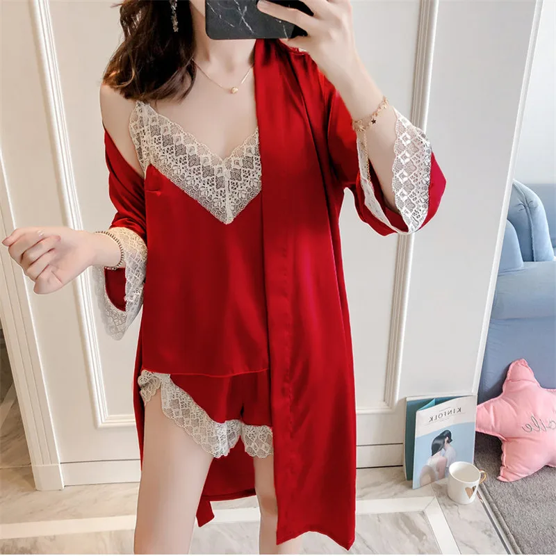 Blusas mujer de moda 2019 женская одежда для сна комплект из 3 предметов кружевная мягкая топ