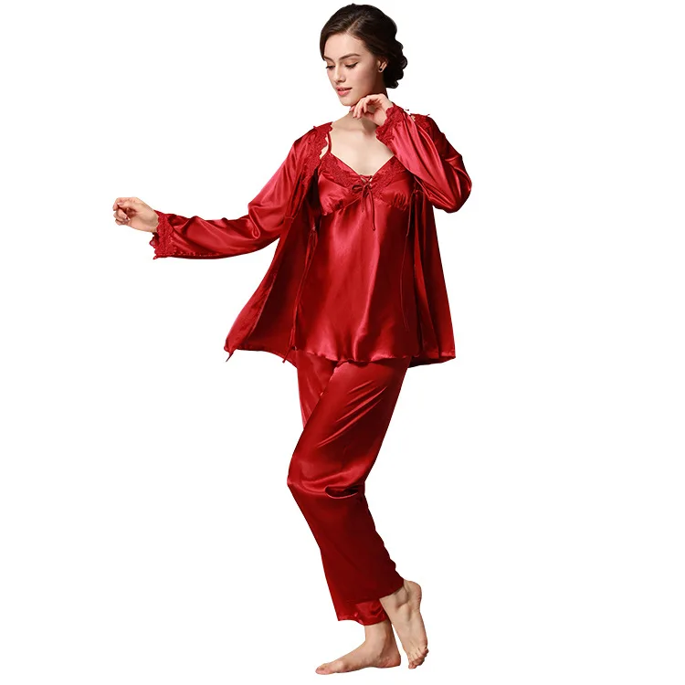 

Explosion Models Spinning Silk Pajamas Sets Ladies Spring Long-sleeved Trousers Three-piece Suit Large Size Home Pyjamas Women