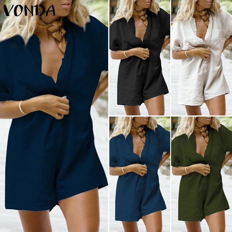 Женский винтажный комбинезон VONDA свободный короткий с треугольным вырезом для