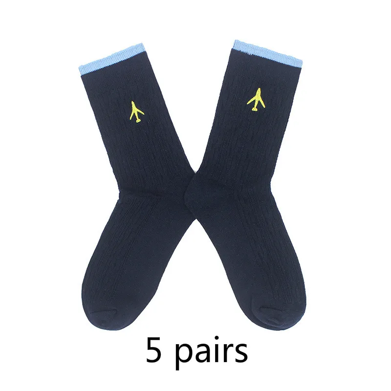 5 pairs navy blue Высокое качество вышивка самолет для женщин и мужчин платье в деловом стиле хлопок Crew носки подарок дизайнерский бренд Новинка Забавный Sox белый милый - Цвет: 5 pairs navy blue