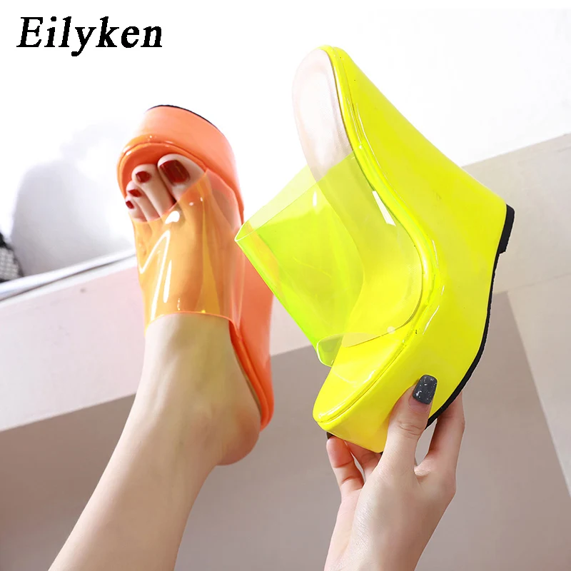

EilyKen PVC Jelly Orange yellow Platform Wedges Slippers For Women High Quality Solid Slipper Sandals shoes Size 35-42