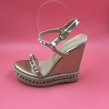 Open Toe Summer 2015 Ladies Wedge Sandals High Heels High Platform Ankle-Wrap Buckle Rivets Charm Shoes Woman Casual Handmade