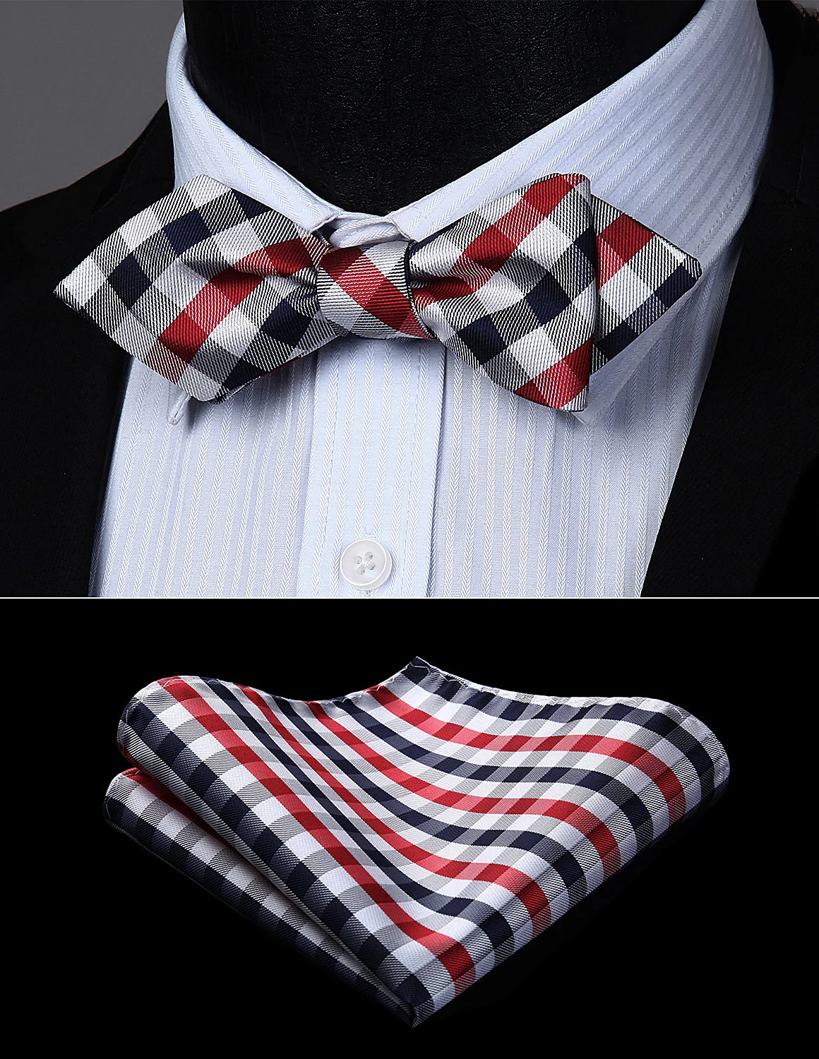  Men Self Bow Tie Paisley Striped Check Diamond Point Tip Handkerchief Set#JT2 Pocket Square Classic