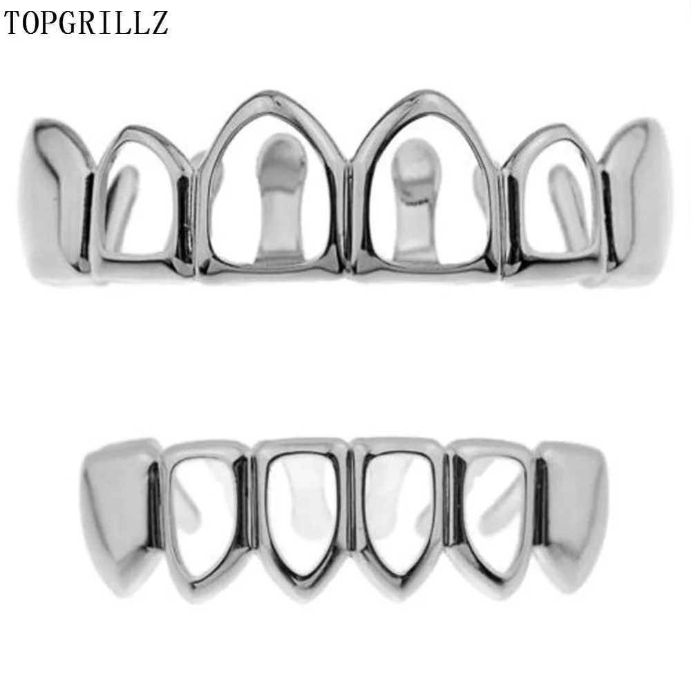 

TOPGRILLZ Real New Custom Fit Gold Color Plated Vampire Four Open Face Hollow Gold Grillz Set For Christmas Gift.Party