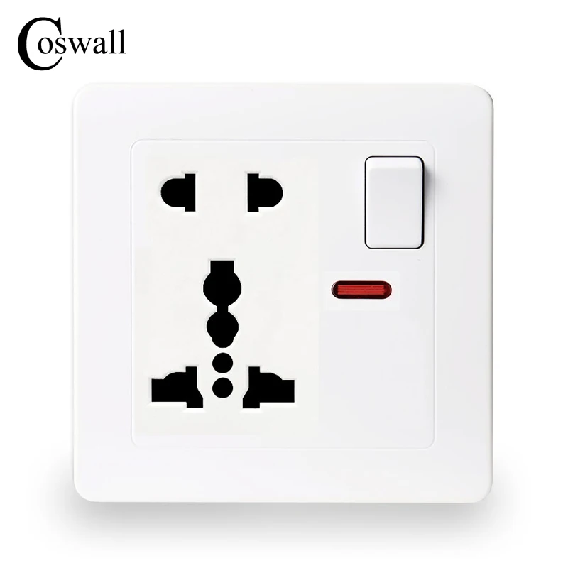 

Coswall Wall Power Socket 13A 1 Gang Universal 5 Hole Switched Outlet With Red Neon Indicator