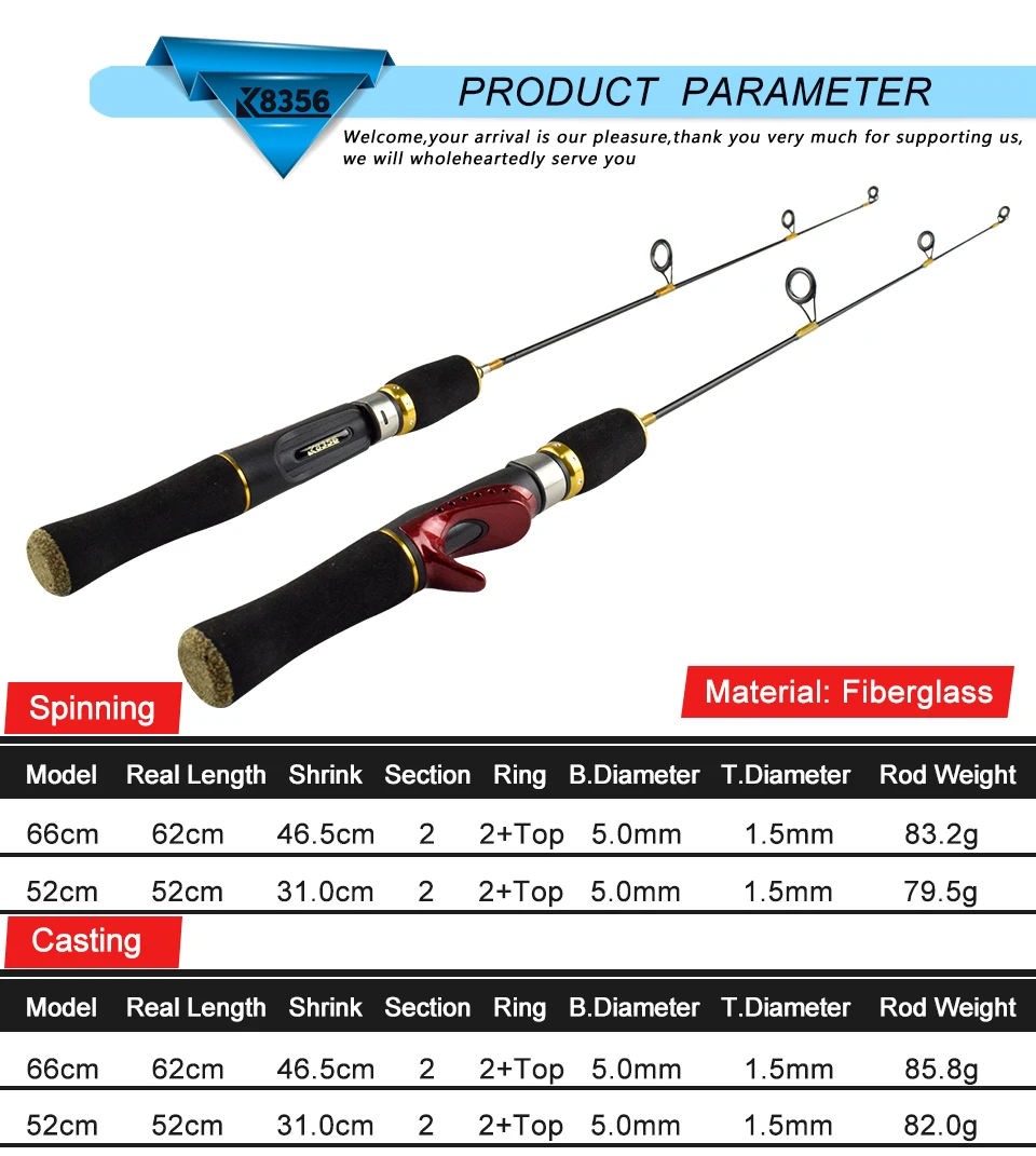 K8356 FRP зимняя ледяная удочка, 2 секции, литье/спиннинг, удочка, сверхлегкая, сшивающая, рыболовные принадлежности, 52 см, 66 см