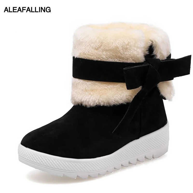 

Aleafalling Women Snow Boots Slip On Open Cute Simple Smart Shoes Girl's High Tube Flock Leather Winter Warm Boots WBT387