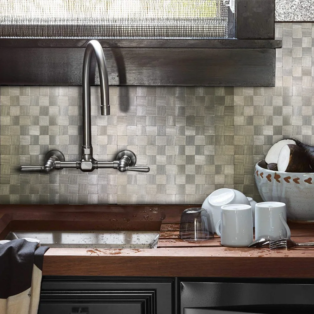

Wholesale 12"x12" Peel and Stick Mosaic Tile Metal Backsplash for Kitchen Walls Self-Adhesive Alloy 3D Wall Sticker 4 Sheets