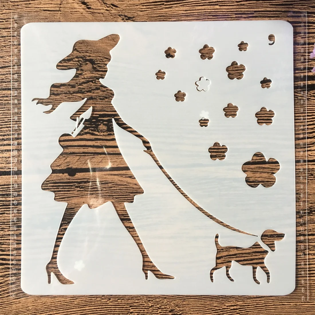 

1Pcs 13cm Girl and Dog DIY Layering Stencils Wall Painting Scrapbook Coloring Embossing Album Decorative Card Template