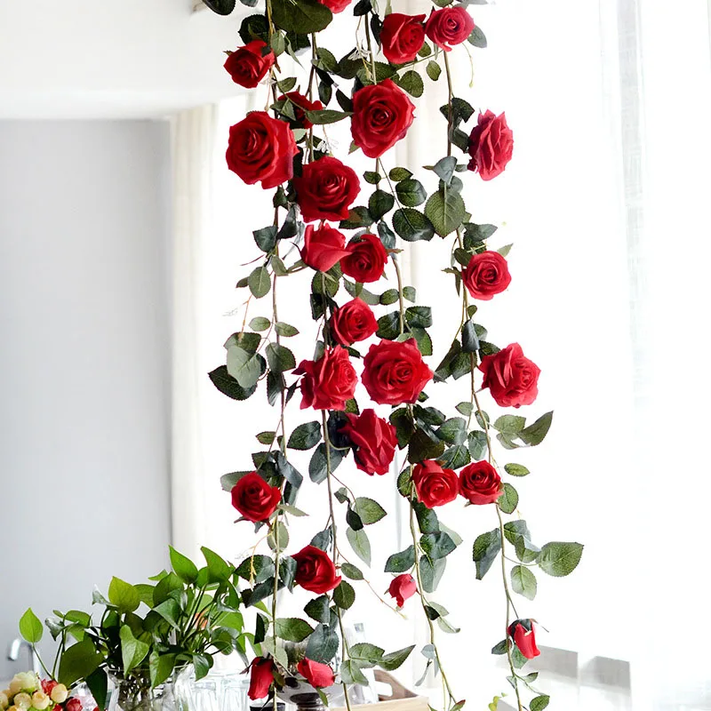 Помпезная Свадебная декоративная искусственная гирлянда, подвесная домашняя розовая, белая, красная шелковая Роза, гибкая гирлянда для цветов плюща