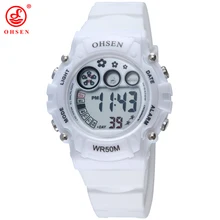 OHSEN, белые женские спортивные часы, пластиковый ремешок, светодиодный, цифровые наручные часы, желеобразный цвет, милые часы для женщин AS10