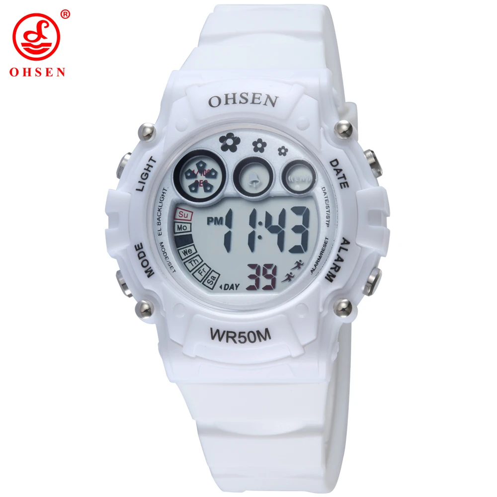 OHSEN White Women Sports Watch Plastic Strap LED Digital Wristwatches