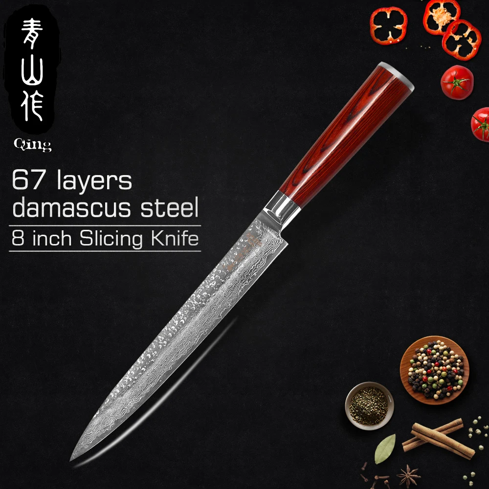 

QING Brand 8 inch Slicing Kitchen Knife 67 Layers Japanese VG10 Damascus Steel Cooking Tools Color Wood Handle Damascus Knives