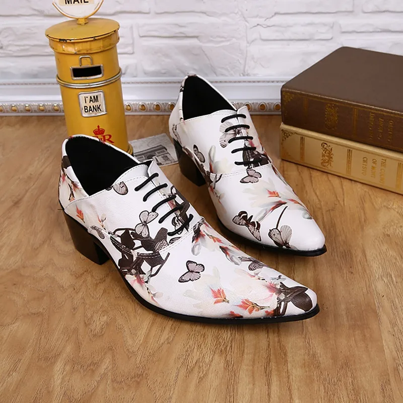 

White Color Flowers Butterfly Shoes Man Lace Up Luxury Oxford Sewing Wedding Hidden High Heel Brand Date Suit Men Leather Shoes