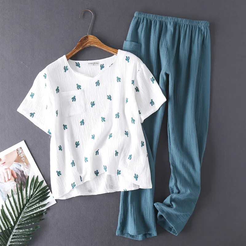 

Women's Cotton Pyjamas Water-washed Pijamas Crepe Yarn Short-sleeved Long Pants Sleepwear Home Suit Women Pajamas 2-piece Set
