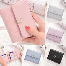 NOENNAME_NULL Women Leather Korean Cute Little Credit Card Wallet Trifold Lock Short ID Purse