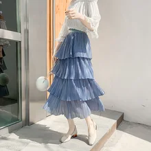 Летняя Высокая талия шифон женская юбка мода четыре взъерошенный слой плиссированная юбка черная Синяя пляжная Женская однотонная элегантная юбка