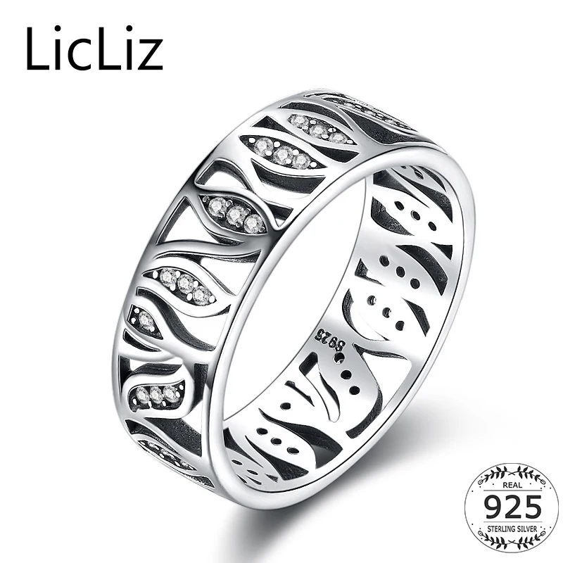 

LicLiz 100% 925 Sterling Silver Large Wide Band Hollow Rings For Women Anniversary Leaf Pave Cubic Zirconia Wedding Band LR0627
