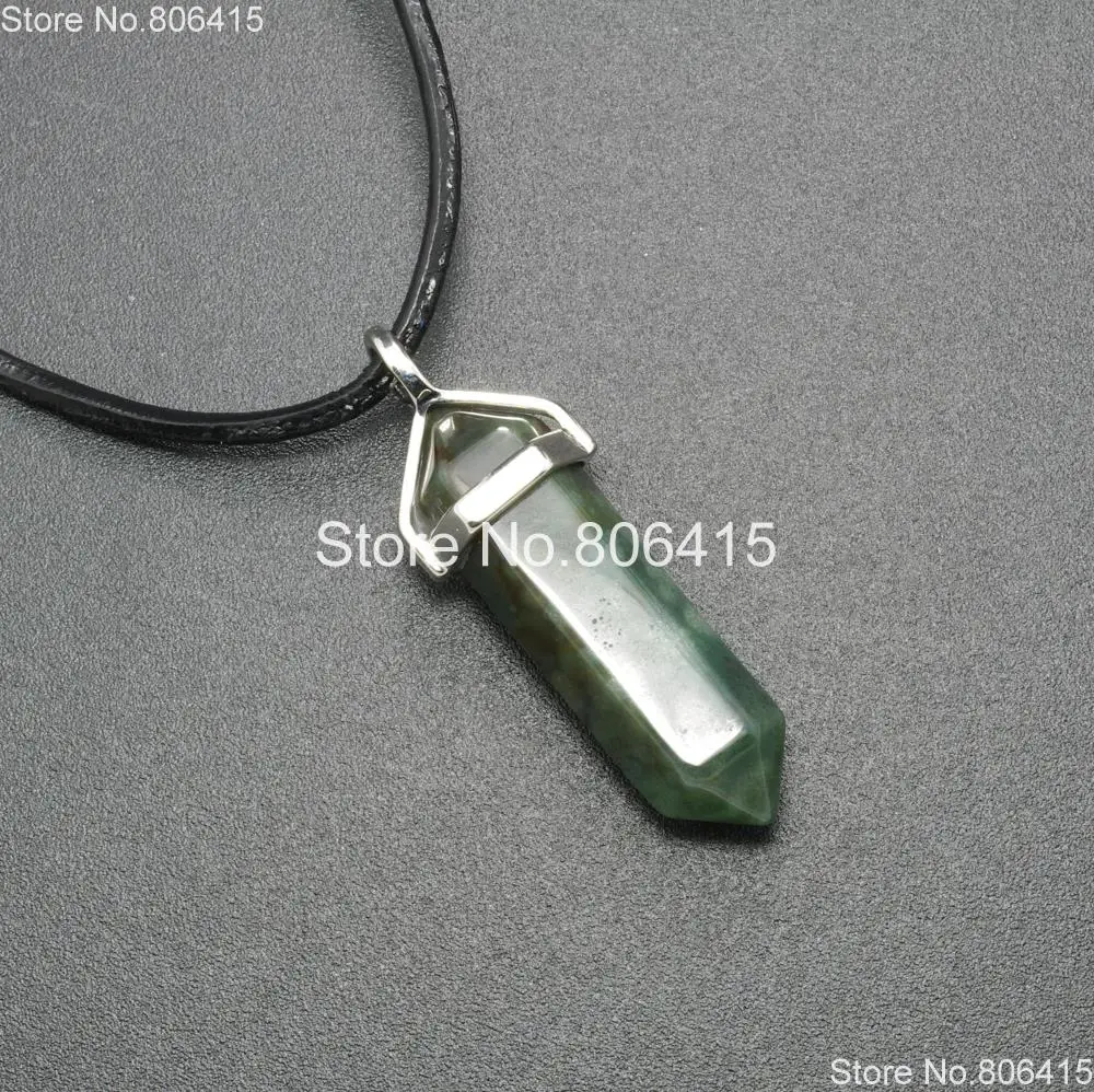 

Natural India Aga-te Gems Stones Hexagonal Point Healing Reiki Chakra Pendant Beads Real Leather Necklace 5 Sets 18"