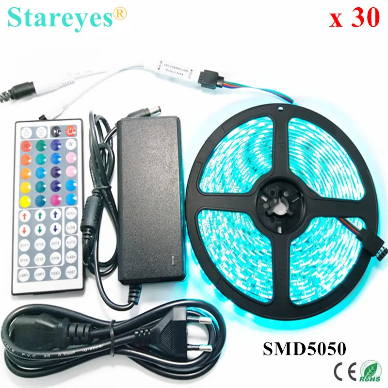 buy Free Shipping 30 Sets SMD 5050 60 LED M RGB LED Strip 5M 300LED IP65 Waterproof strip light + 44 key IR Remote+5A Power Adapter