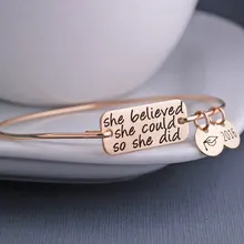 

She Believed she could so she did" Bangle 2016 New Arrival Simple Charms Bachelor Cap Bangles Bracelet Jewelry YP2641