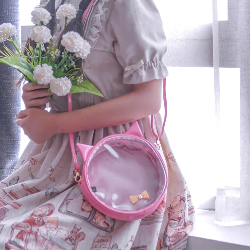 

Original Teenage Girls Cute Cat Ear Ita Bag Kawaii Bow-knot Itabags Transparent PVC Ita Bag Party Round Small Crossbody Bags