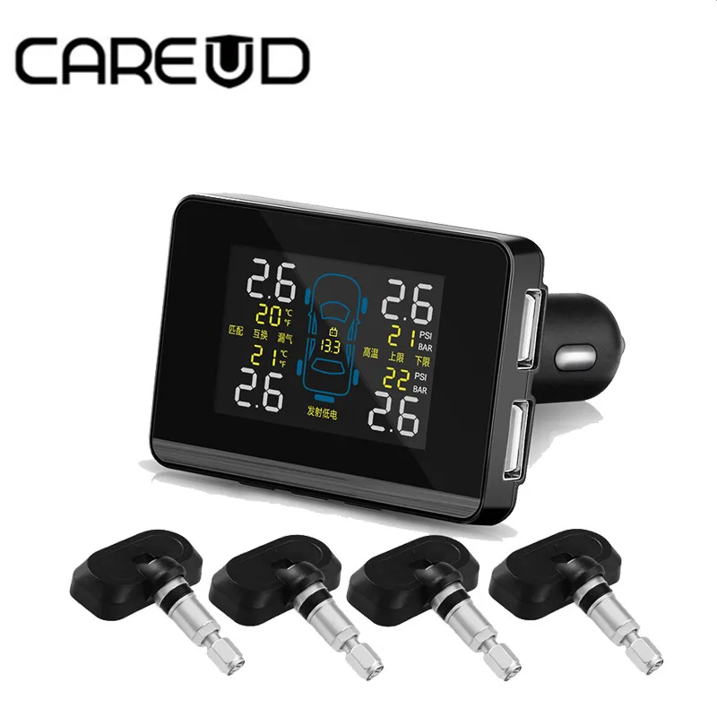 Auto Car Wireless TPMS Tire Pressure Monitoring System with 4 Sensors LCD Display Monitor Cigarette Lighter Socket free shipping auto tire pressure sensor tpms tire pressure valve for vw cc oem 433mhz 3aa907275 retail wholesale free shipping promotion