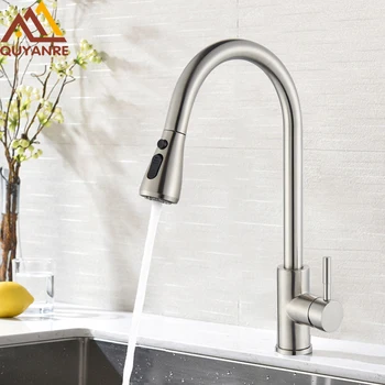 

Quyanre Brushed Nickel Pull Out Kitchen Sink Faucet 3-way Spray Single Handle Hot Cold Water Mixer Tap 360 Rotation Kitchen Tap