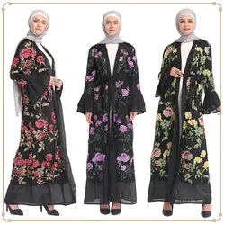 Мусульманская женская сорочка наряд спереди открытый шифон Вышивка цветочный платье абаи