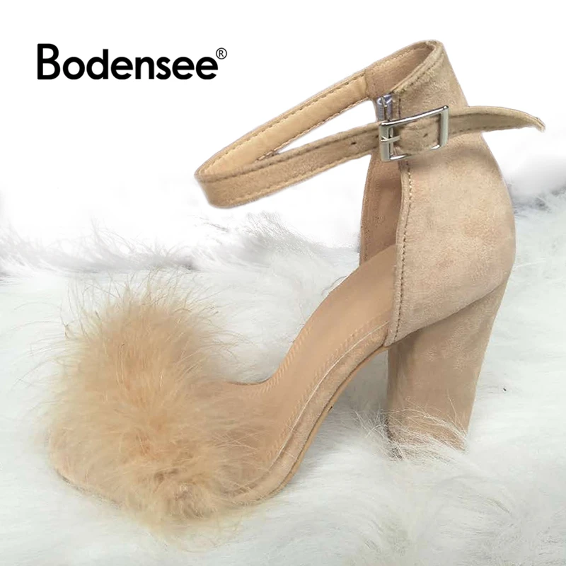 

Bodensee 2018 Summer plus size Sexy woman Peep Toe square heel sandals Shoes Ankle Strap with one word Faux Fur woman shoes