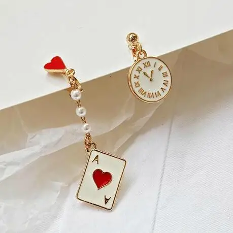 

Korean Girl Fantasy Clock Poker Asymmetric Women Earrings Creative Korean Earrings Personality Long Jewelry