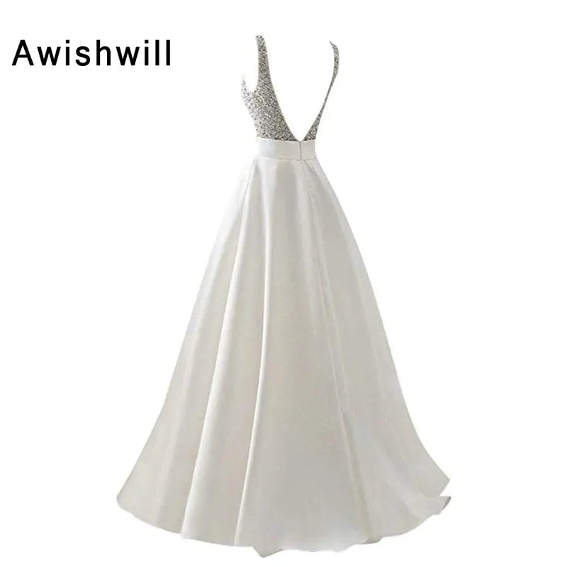 Реальное изображение глубоким v-образным вырезом Кристалл Beadings атласная Длинные вечерние платья для женское выпускное платье с открытой
