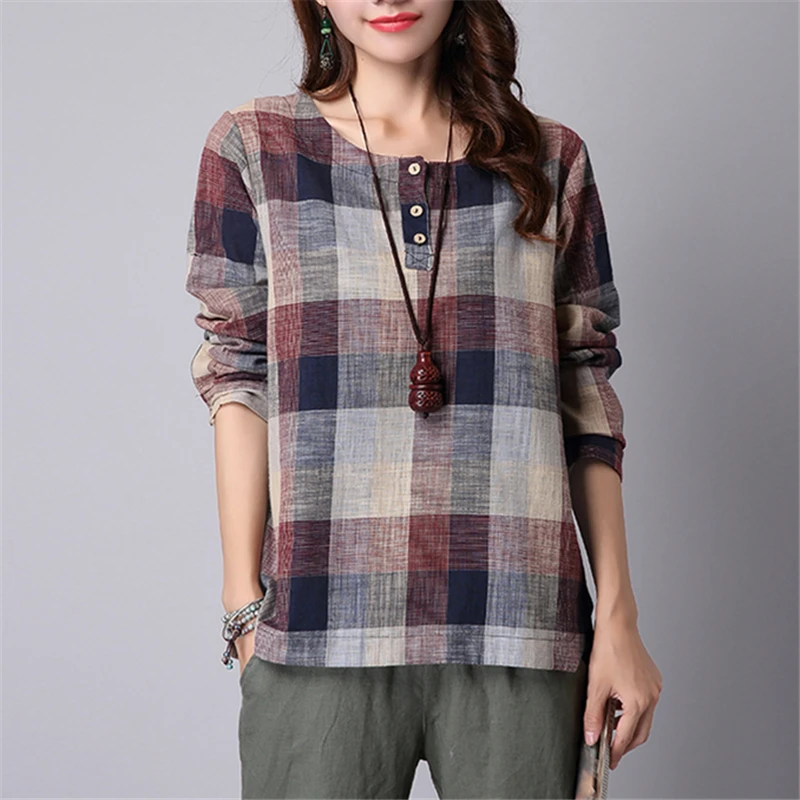 

2018 Summer Autumn Women's Linen Cotton long sleeve plaid shirt Blouses Female Long Sleeve Loose Blouses Women Tops Blusas Mujer