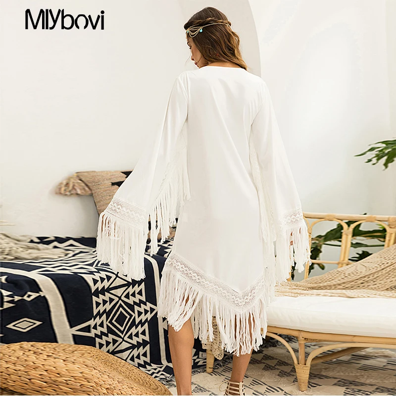 Sleeve Spring Out Embroidery With Fashion Short 2019 Dress Hollow Vestidos Dresses Neck Tassel V Elegant Women White Loose t7qwxqnT50